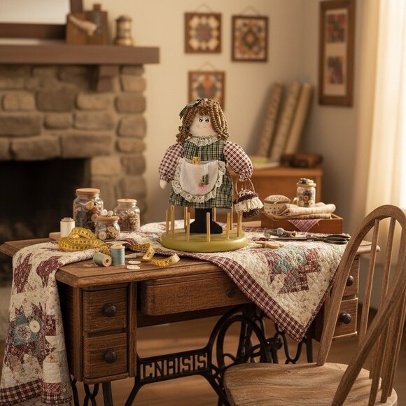 Vintage Thread Spool Holder Rag Doll Peg Rack Primitive Sewing Decor - Picture 4 of 4